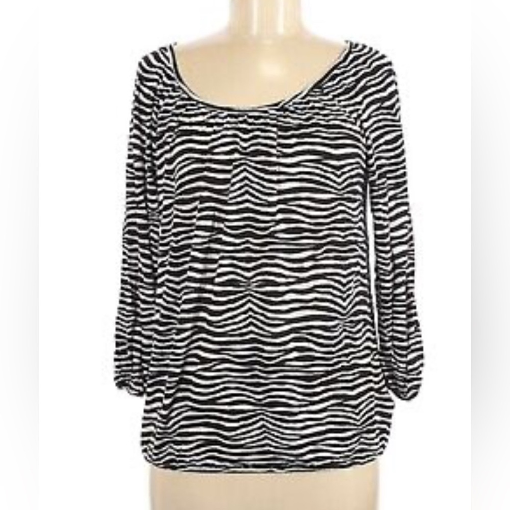 Michael Kors Women’s 2X Zebra Print Rayon 3/4 Sleeve Pullover Top Black White